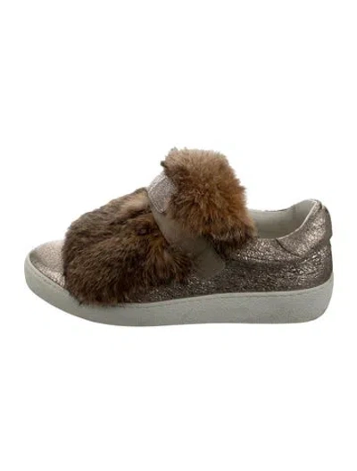 Pre-owned Moncler Leather Fur Trim Sneakers In Gold/neutrals
