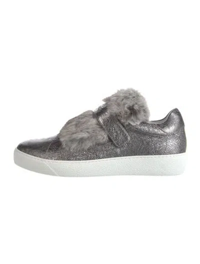 Pre-owned Moncler Leather Fur Trim Sneakers In Silver