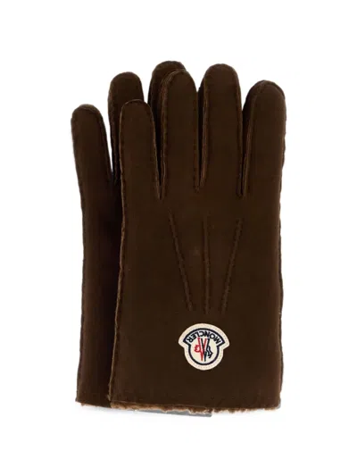 Moncler Leather Gloves In Brown