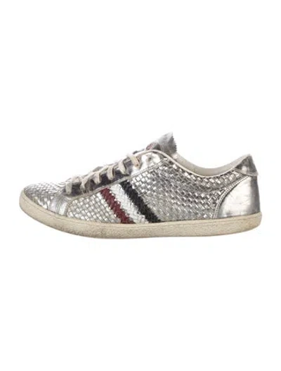 Pre-owned Moncler Leather Graphic Print Sneakers In Metallic/silver