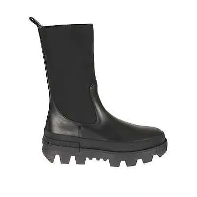 Pre-owned Moncler Leather Logo Boots In Black