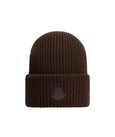 Moncler Leather Logo Cashmere Beanie In Brown