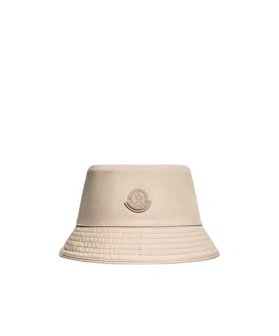 Moncler Leather Logo Cotton Blend Bucket Hat In Neutral