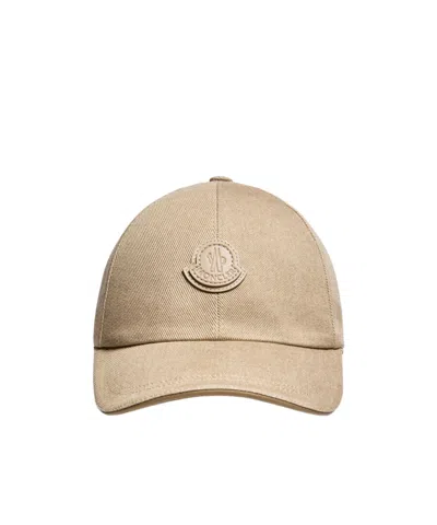 Moncler Leather Logo Cotton Gabardine Baseball Cap In Brown