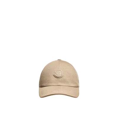 Moncler Leather Logo Cotton Gabardine Baseball Cap, Men, Beige, Size: One Size In Brown