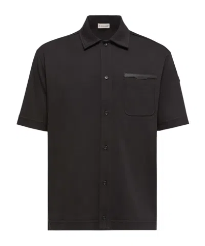 Moncler Leather Logo Cotton Short Sleeve Shirt In Black