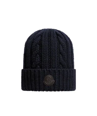 Moncler Leather Logo Wool Beanie In Blue