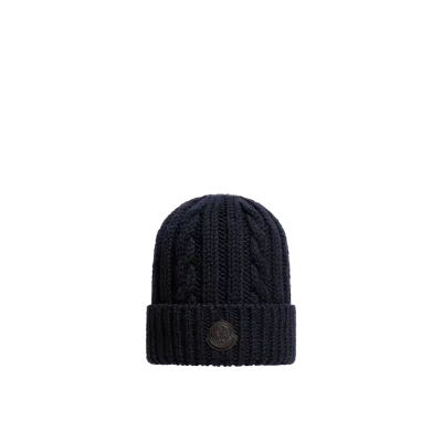 Moncler Leather Logo Wool Beanie, Men, Blue, Size: One Size