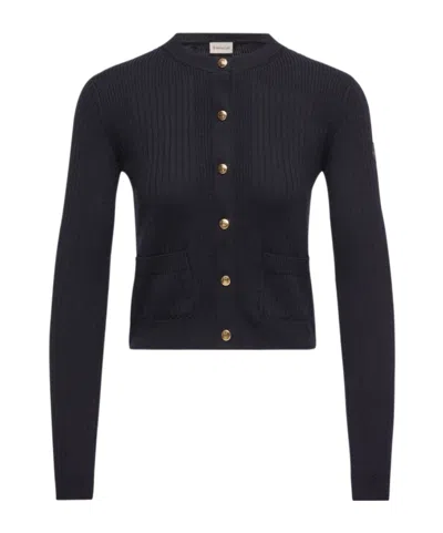Moncler Leather Logo Wool Blend Cardigan In Midnight Blue