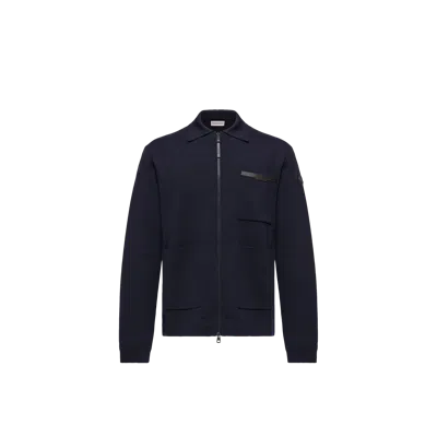 Moncler Cardigan Zippé En Laine À Logo En Cuir, Homme, Bleu, Taille: Xxl In Blue