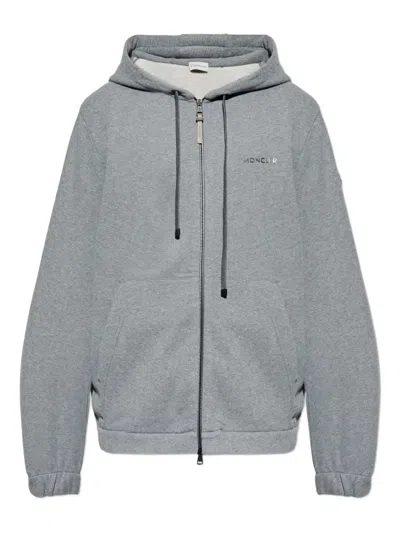 Moncler Leather Logo Cotton Blend Zip-up Hoodie In Gray