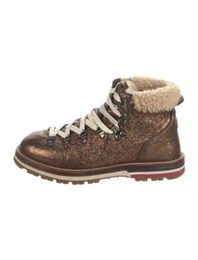 Pre-owned Moncler Leather Patterned Hiking Boots In Metallic/orange