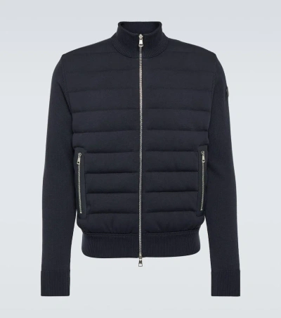 Moncler Leather-trimmed Cotton Cardigan In Blue