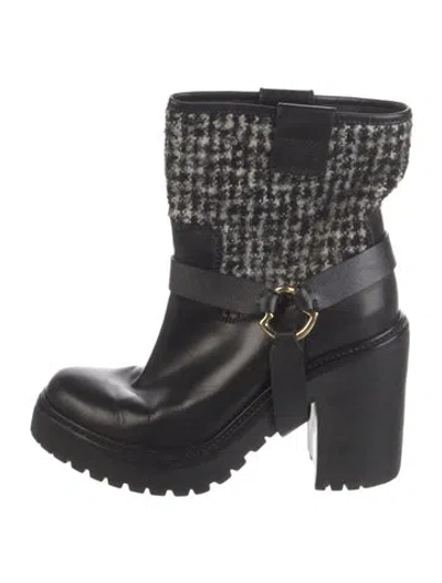 Pre-owned Moncler Leather Tweed Pattern Boots In Black