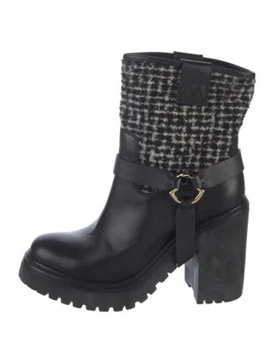 Pre-owned Moncler Leather Tweed Pattern Moto Boots In Blue