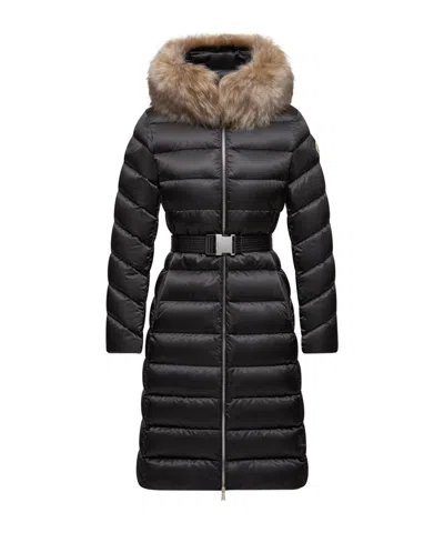 Moncler Leersie Hooded Shearling-trimmed Long Down Jacket In Black