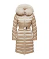 Moncler Leersie Hooded Shearling-trimmed Long Down Jacket In Neutral
