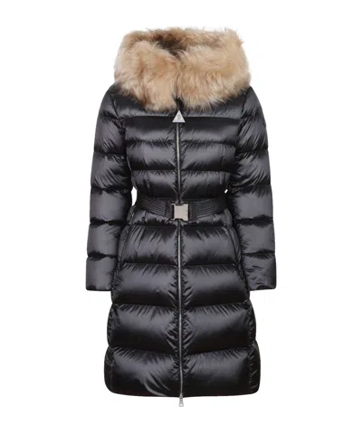 Moncler Leersies Shearling Trimmed Hooded Long Down Coat In Black