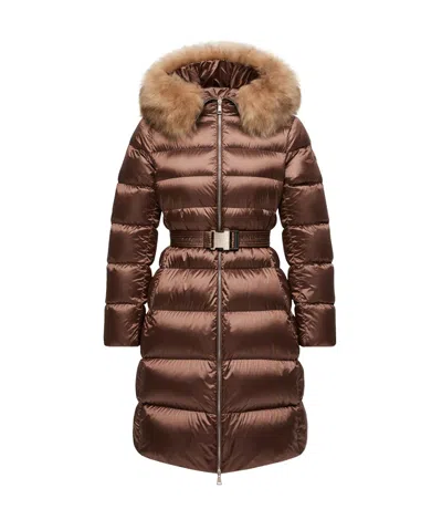Moncler Leersies Shearling Trimmed Hooded Long Down Coat In Brown
