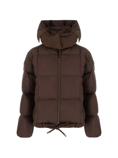 Moncler Legerete Square-quilted Hooded Short Down Jacket In Brown