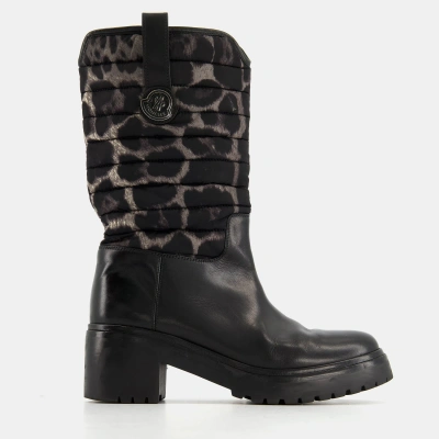 Pre-owned Moncler Leopard Print Leather And Padded Nylon Ski Boots Size Eu 39 In Black