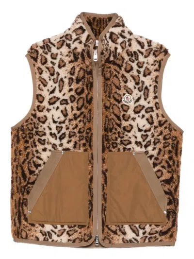 Moncler Leopard-print Zip-up Vest In Brown