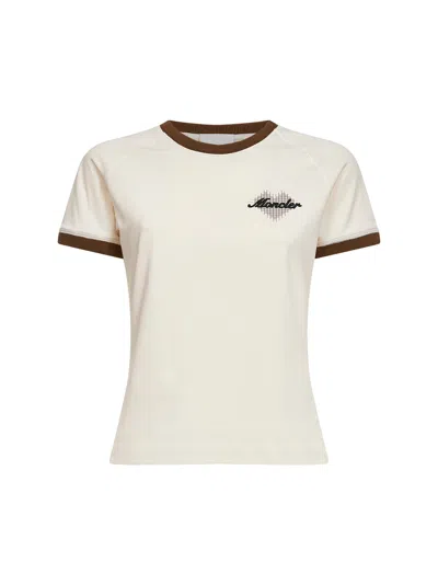 Moncler Light Beige Stretch Jersey Logo And Heart T-shirt In Neutral