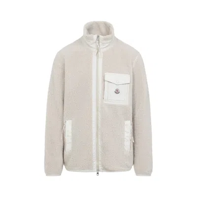 MONCLER LIGHT BEIGE TEDDY ZIP-UP SWEATSHIRT