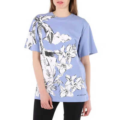 Moncler Light Blue Floral Print Cotton Crew Neck T-shirt