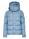 Moncler Long Little Down Jacket With Square Quilting And Hood In Blue