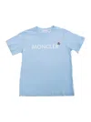 Moncler Light Blue T-shirt With Logo Lettering And Patch On The Front In Cotton Boy In Blue