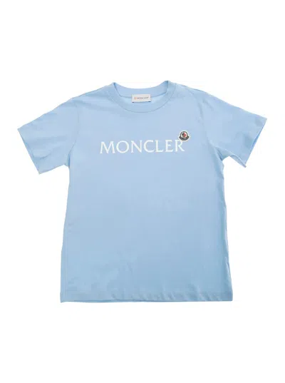 Moncler Kids' Light Blue T-shirt With Logo Lettering And Patch On The Front In Cotton Boy
