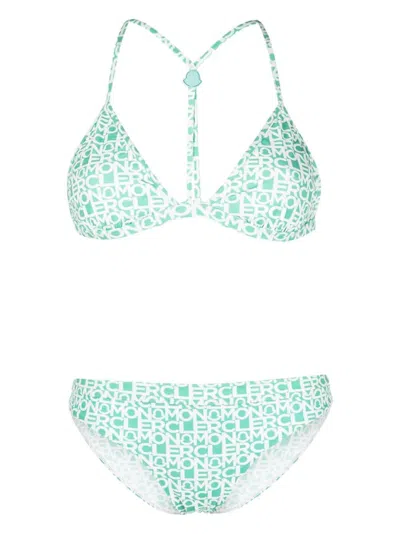 Moncler All-over Logo Printed Triangle Bikini With Adjustable Should In Green Multi
