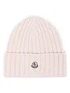 Moncler Light Pink Ribbed Wool Beanie With Logo In Pink