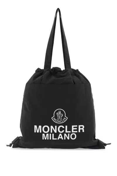 Moncler Lightweight Nylon Drawstring Tote Handbag For Men In Black