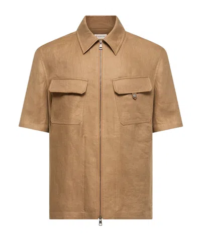 Moncler Linen Twill Short Sleeve Zip-up Shirt In Brown