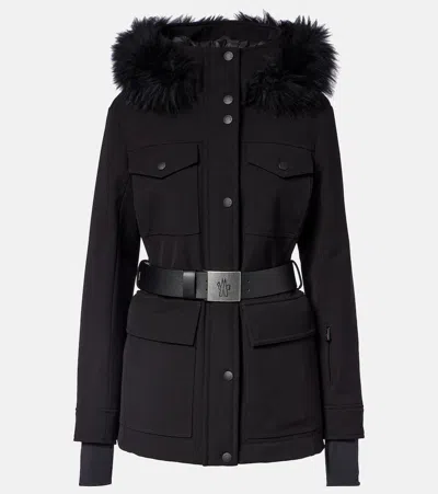 Moncler Linotte Hooded Shearling-trimmed Ski Jacket In Black