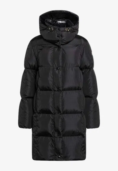 Moncler Long Little Down Jacket With Square Quilting And Hood In Black