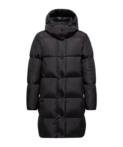 Moncler Litte Square-quilted Hooded Long Down Jacket In Black