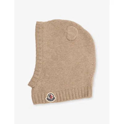 Moncler Kids' Log-badge Wool And Cashmere Balaclava Beige Xxxs In Brown