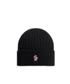 Moncler Grenoble Black Ribbed Beanie With Logo Patch In Wool Man In Black