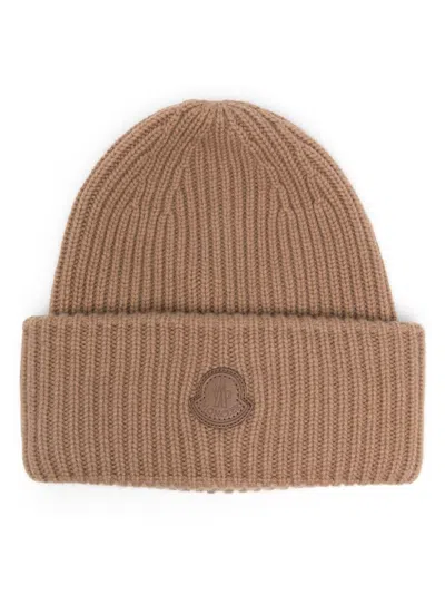 Moncler Logo-appliqué Beanie In Brown