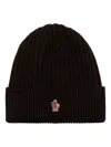 Moncler Black Ribbed Wool Beanie With Logo Patch In Brown