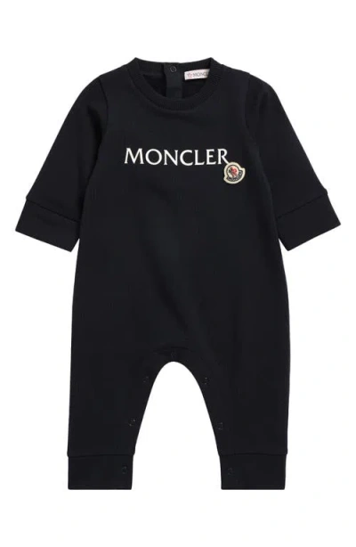Moncler Logo Baby Grow Stretch Cotton Fleece Romper In Navy