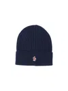 Moncler L Beanie Hat With Logo Patch In Blue