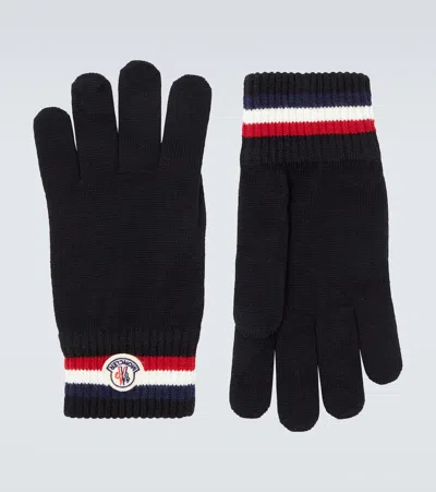 Moncler Logo Virgin Wool Gloves In Black