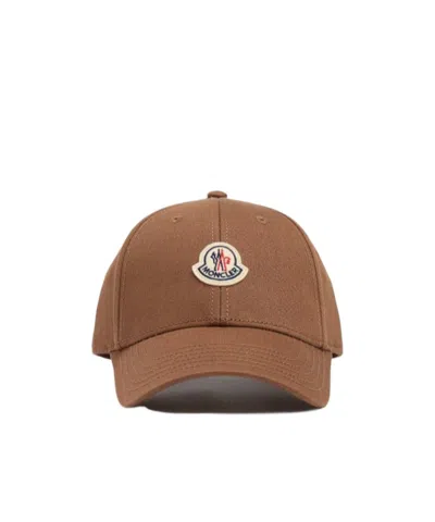 Moncler Logo Cotton Gabardine Baseball Cap In Brown