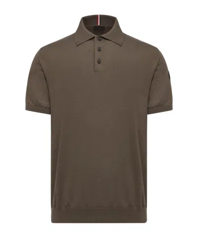 Moncler Logo Cotton Knit Polo In Brown