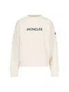 Moncler Crewneck Cotton Sweatshirt With Embroidered Logo And Multicolor Patch In Neutral