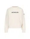 Moncler Crewneck Cotton Sweatshirt With Embroidered Logo And Multicolor Patch In Neutral